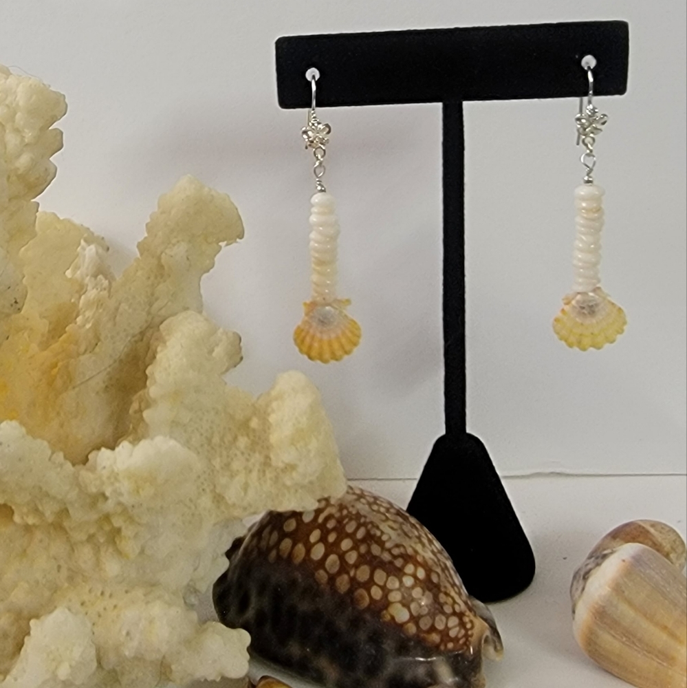SS 925 Hawaiian Yellow Sunrise Shell, North Shore Oahu Puka & Plumeria Earrings